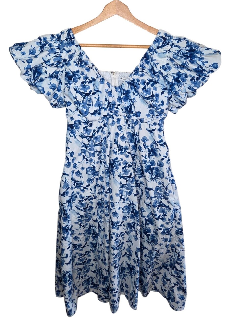 Abercrombie & Fitch Poplin Puff Sleeve Blue White Floral Midi Dress Size Large